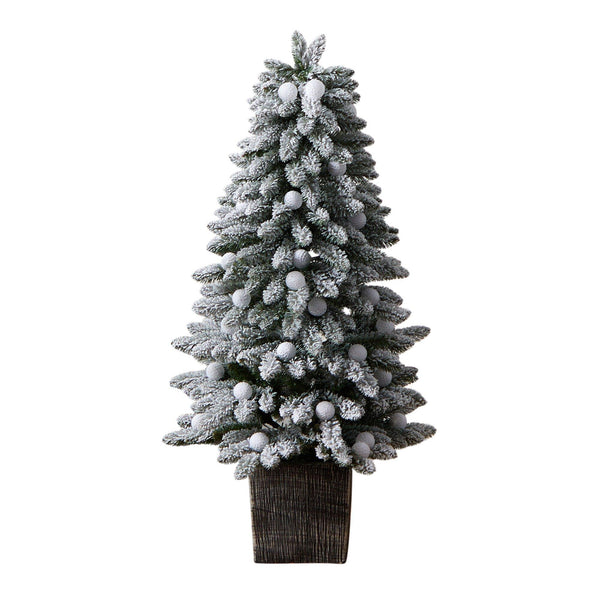 4' Winter Flocked Pre-Lit Tree with 40 LED Globe Lights, 259 Branches in Decorative Planter