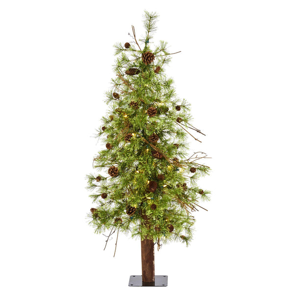 4' Wyoming Alpine Artificial Christmas Tree with 50 Clear (multifunction) LED Lights and Pine Cones on Natural Trunk