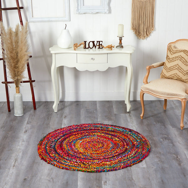 4’ x 4’ Hand Braided Boho Colorful Chindi Round Rug