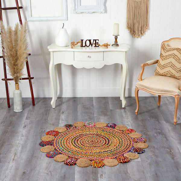 4’ x 4’ Hand Braided Colorful Chindi Jute Mandala Round Rug