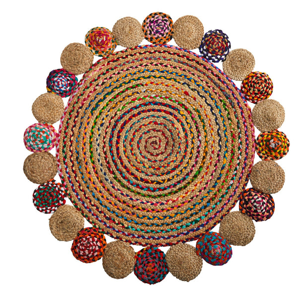 4’ x 4’ Hand Braided Colorful Chindi Jute Mandala Round Rug