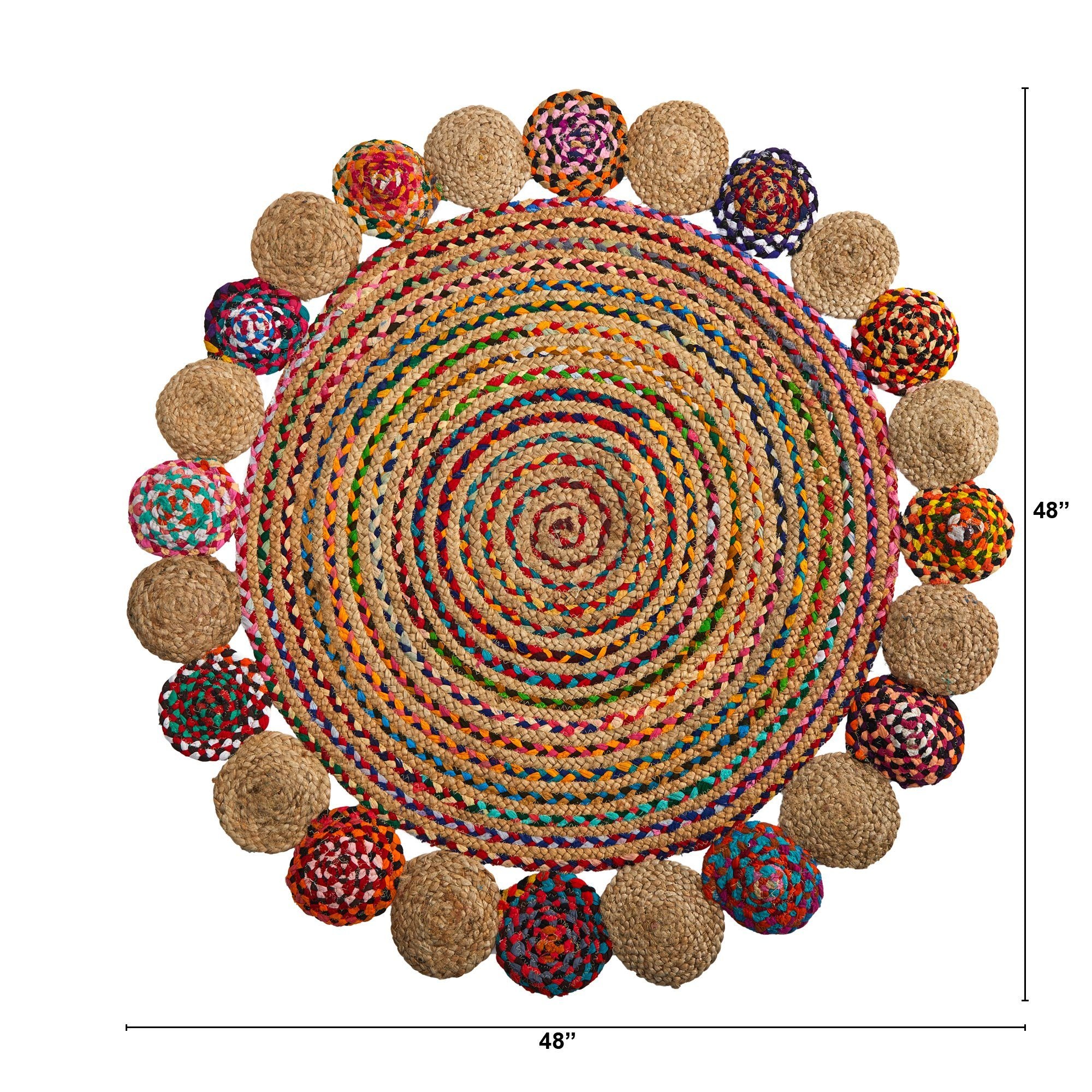 4 x 4 Hand Braided Colorful Chindi Jute Mandala Round Rug