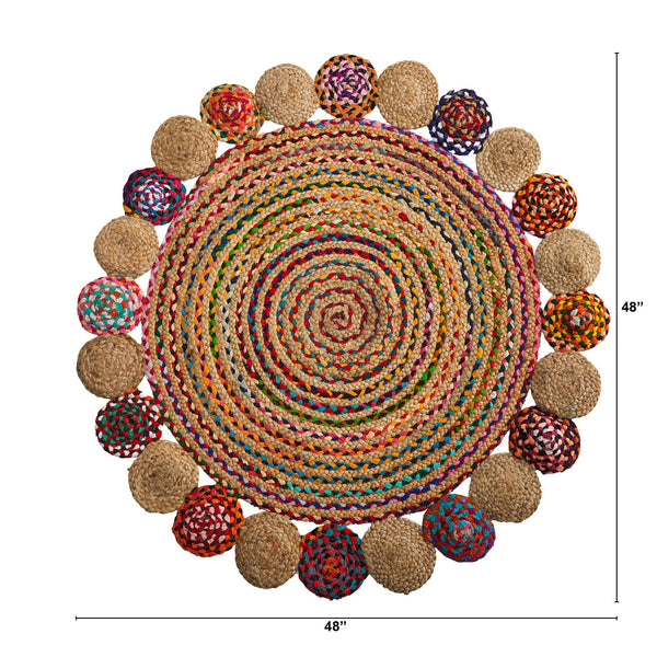 4’ x 4’ Hand Braided Colorful Chindi Jute Mandala Round Rug