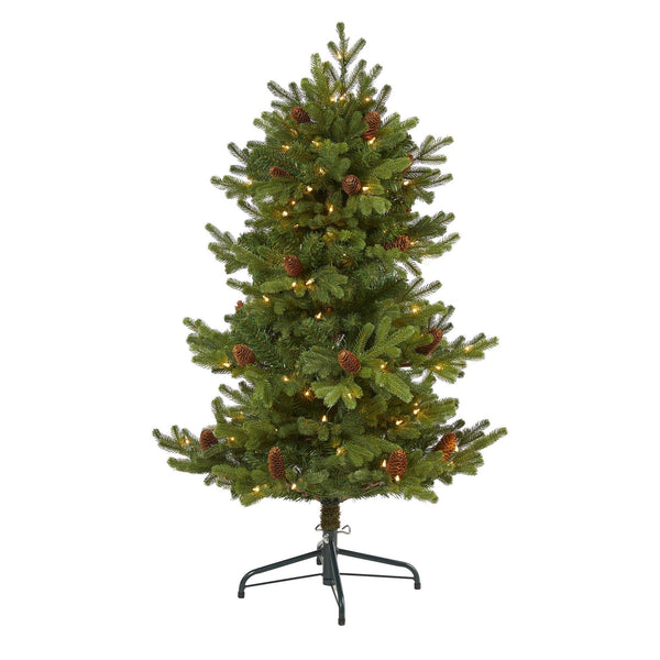 4’ Yukon Mountain Fir Artificial Christmas Tree with 100 Clear Lights, Pine Cones and 386 Bendable Branches