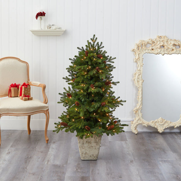 4’ Yukon Mountain Fir Artificial Christmas Tree with 100 Clear Lights, Pine Cones and 386 Bendable Branches in Country White Planter
