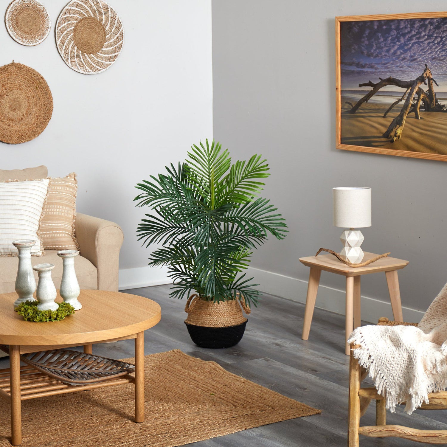 40” Areca Palm Tree in Boho Chic Handmade Cotton & Jute Black Woven Planter UV Resistant
