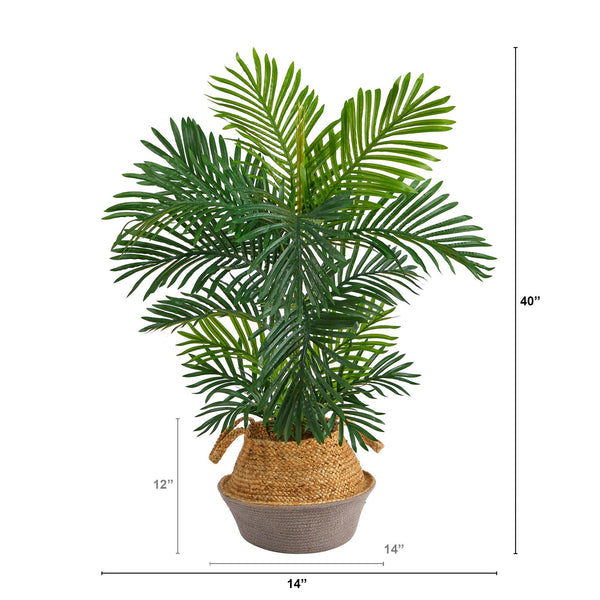40” Areca Palm Tree in Boho Chic Handmade Cotton & Jute Gray Woven Planter UV Resistant