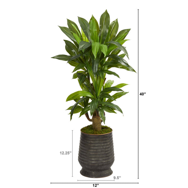 40” Corn Stalk Dracaena Artificial Plant in Ribbed Metal Planter (Real Touch)