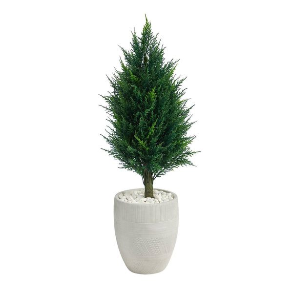 40” Cypress Tower Artificial Tree in White Planter (Indoor/Outdoor)