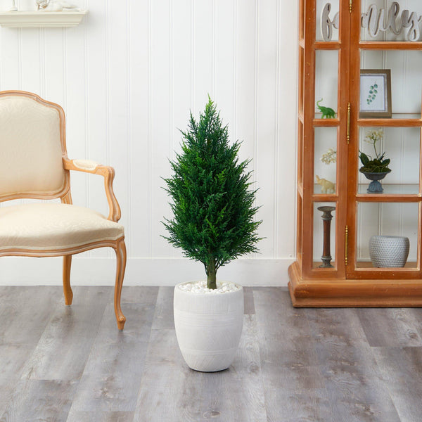 40” Cypress Tower Artificial Tree in White Planter (Indoor/Outdoor)