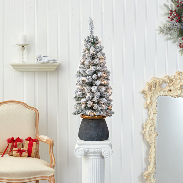 40” Flocked Pencil Artificial Christmas Tree with 50 Clear Lights and 132 Bendable Branches in Planter with Brass Trimming