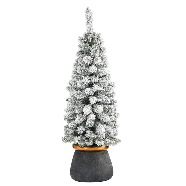 40” Flocked Pencil Artificial Christmas Tree with 50 Clear Lights and 132 Bendable Branches in Planter with Brass Trimming