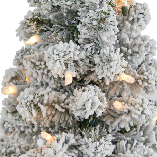 40” Flocked Pencil Artificial Christmas Tree with 50 Clear Lights and 132 Bendable Branches in Planter with Brass Trimming
