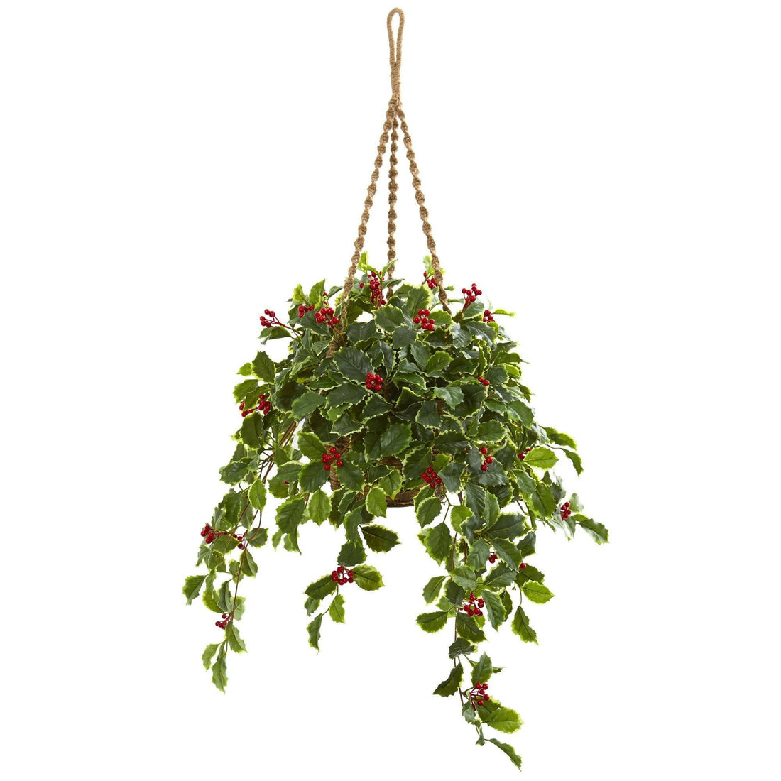 hanging plants fake outdoor 40” Variegated Holly with Berries Artificial Plant in Hanging Basket (Real Touch)