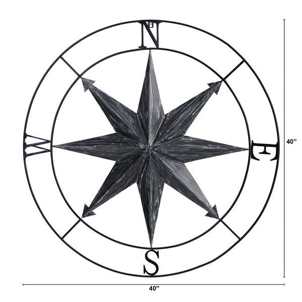 40” Washed Nautical Metal Compass Wall Art Decor