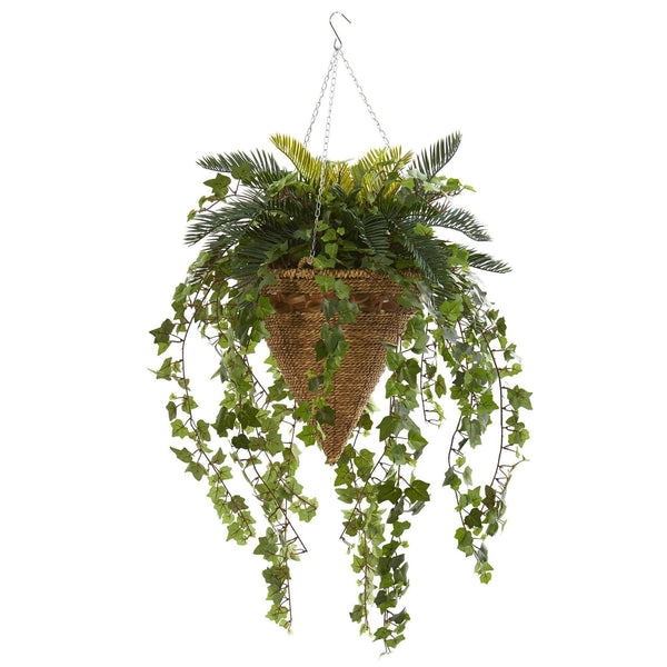 41” Cycas and Ivy Artificial Plant in Hanging Basket