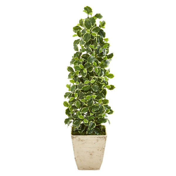 41” Variegated Holly Leaf Artificial Tree in Country White Planter (Real Touch)