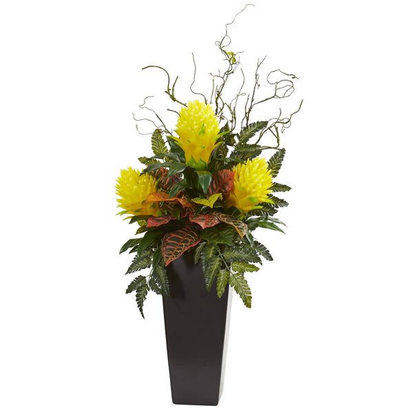 42” Bromeliad and Croton Artificial Plant in Black Vase