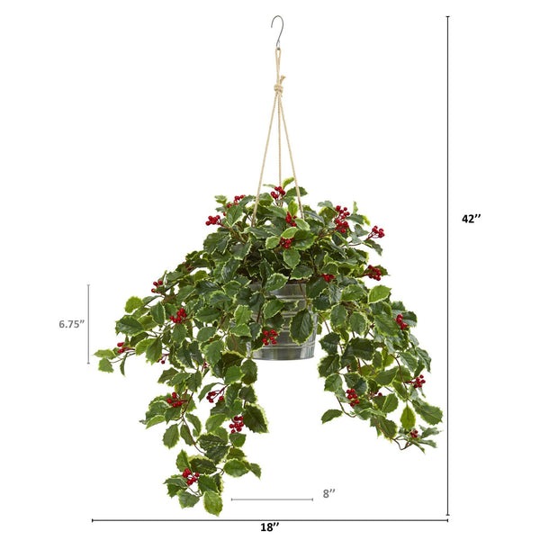 42” Variegated Holly Berry Artificial Plant in Hanging Bucket (Real Touch)