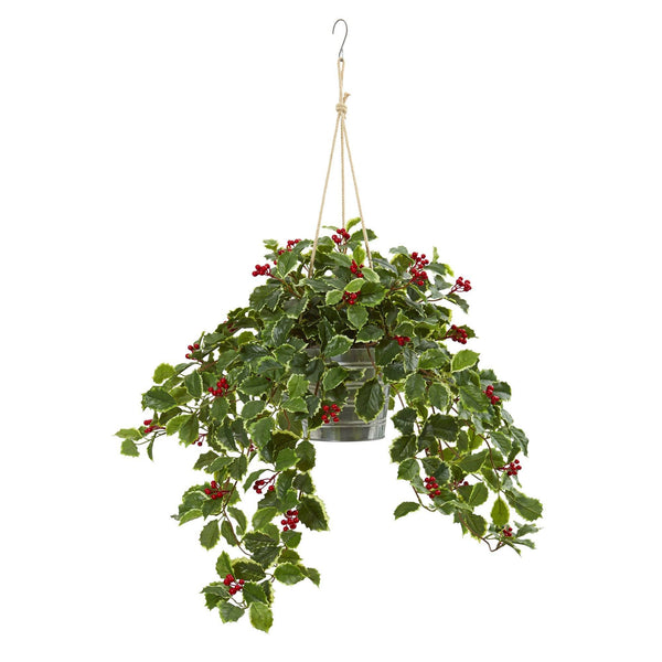42” Variegated Holly Berry Artificial Plant in Hanging Bucket (Real Touch)