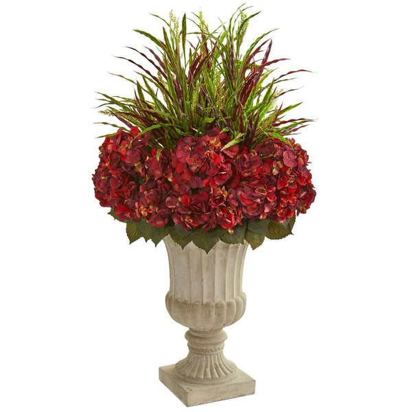 43” Hydrangea and Grass Artificial Plant in Stone Urn