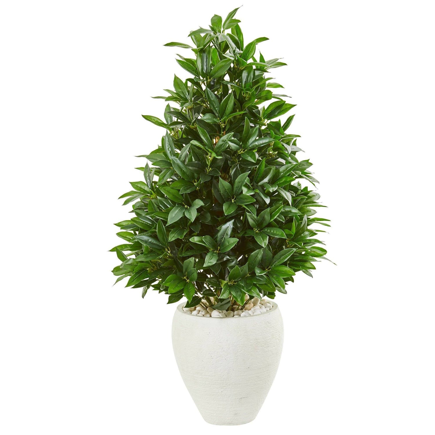 44” Bay Leaf Cone Topiary Artificial Tree in White Planter (Indoor/Outdoor)