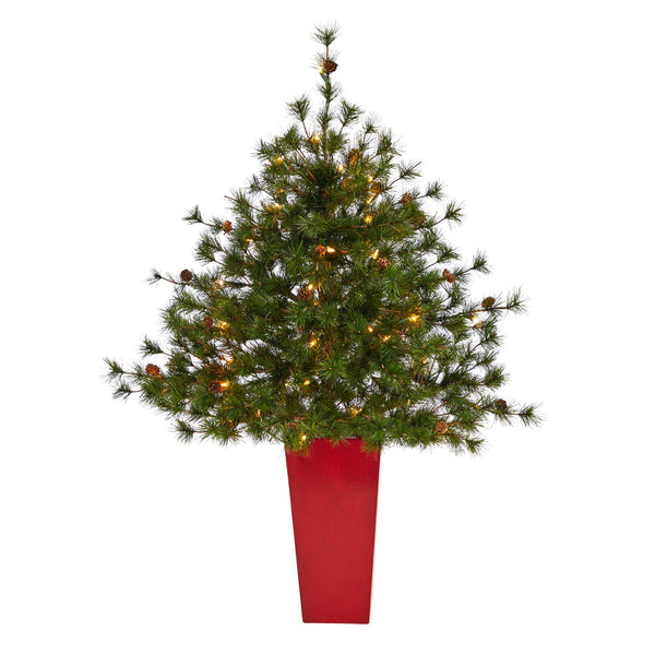 44” Colorado Mountain Pine Artificial Christmas Tree with 50 Clear Lights. 171 Bendable Branches and Pine Cones in Planter