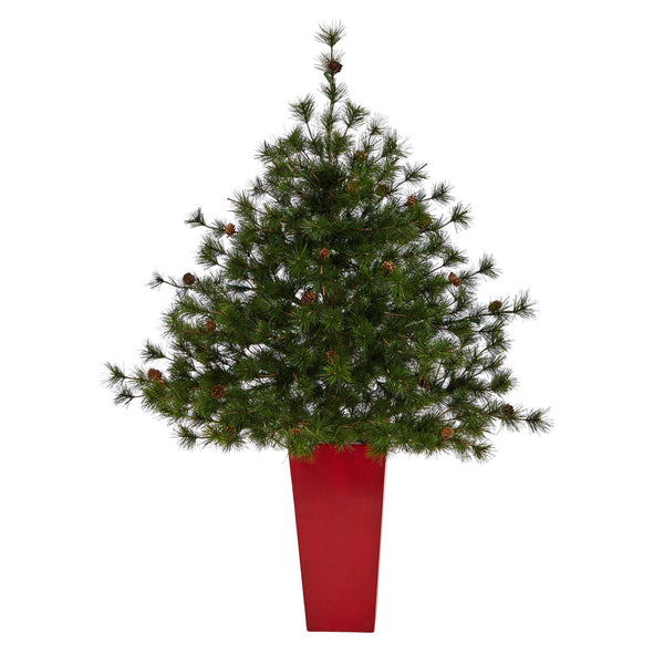 44” Colorado Mountain Pine Artificial Christmas Tree with 50 Clear Lights. 171 Bendable Branches and Pine Cones in Planter