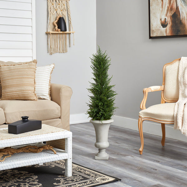 44” Cypress Artificial Tree in Sand Colored Urn UV Resistant (Indoor/Outdoor)