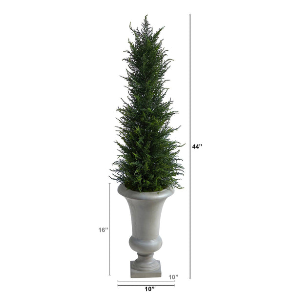 44” Cypress Artificial Tree in Sand Colored Urn UV Resistant (Indoor/Outdoor)