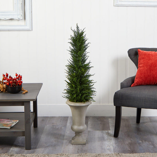 44” Cypress Artificial Tree in Sand Colored Urn UV Resistant (Indoor/Outdoor)