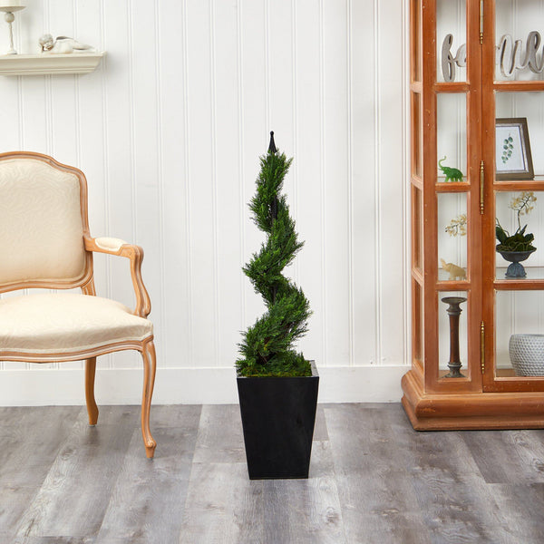 44” Cypress Spiral Topiary Artificial Tree in Black Metal Planter