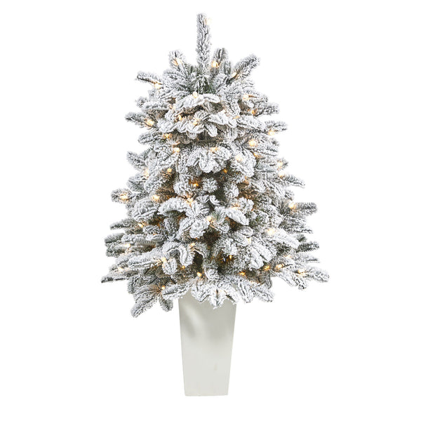 44” Flocked North Carolina Fir Artificial Christmas Tree with 150 Warm White Lights and 545 Bendable Branches in Planter