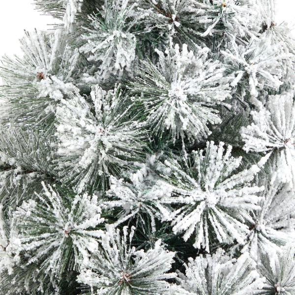 44” Flocked Oregon Pine Artificial Christmas Tree with 50 Clear Lights and 113 Bendable Branches in Decorative Urn