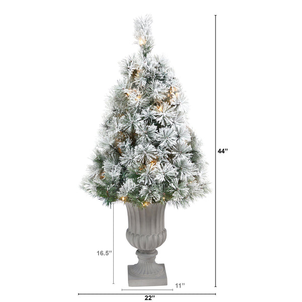 44” Flocked Oregon Pine Artificial Christmas Tree with 50 Clear Lights and 113 Bendable Branches in Decorative Urn