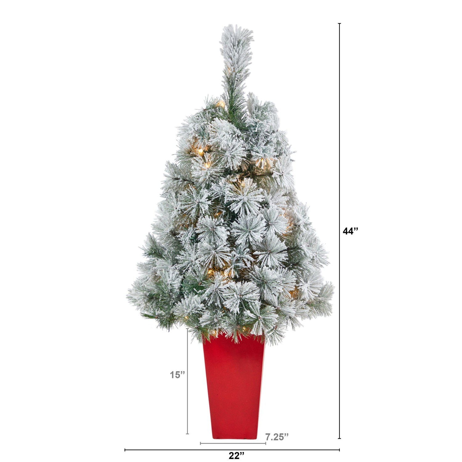 44” Flocked Oregon Pine Artificial Christmas Tree with 50 Clear Lights and 113 Bendable Branches in Red Tower Planter