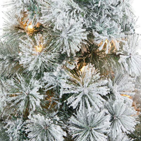 44” Flocked Oregon Pine Artificial Christmas Tree with 50 Clear Lights and 113 Bendable Branches in Red Tower Planter