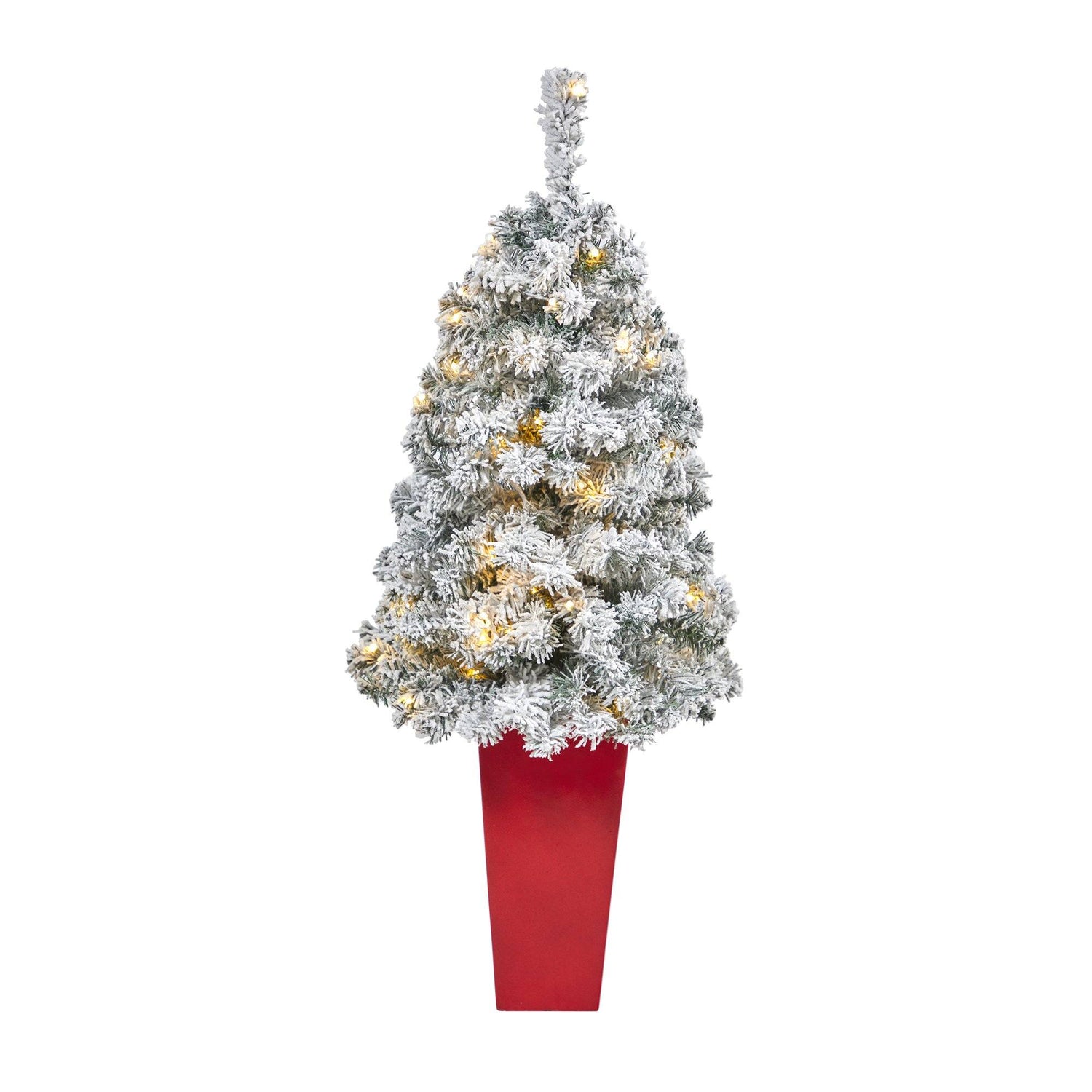 44” Flocked Rock Springs Spruce Artificial Christmas Tree with 50 Clear LED Lights in Red Tower Planter