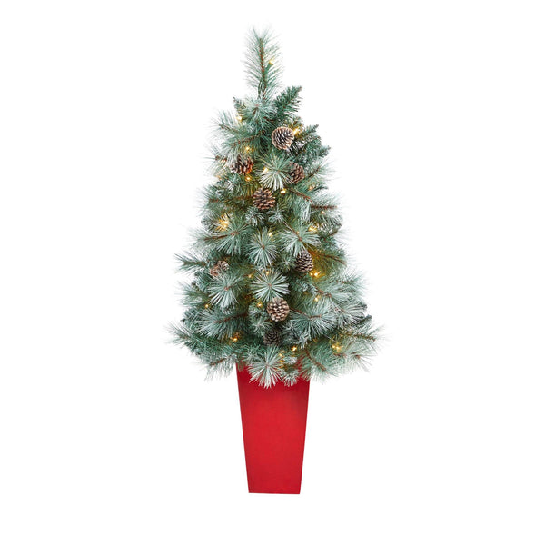 44” Frosted Tip British Columbia Mountain Pine Artificial Christmas Tree in Red Tower Planter