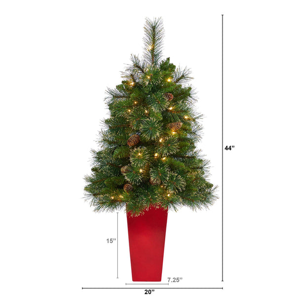 44” Golden Tip Washington Pine Artificial Christmas Tree with 50 Clear Lights, Pine Cones and 148 Bendable Branches in Red Tower Planter