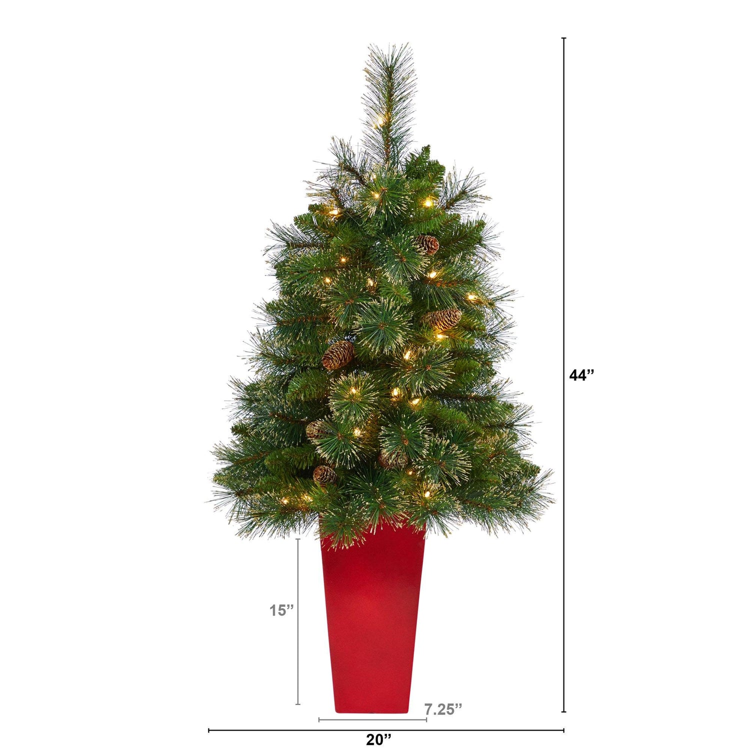 44” Golden Tip Washington Pine Artificial Christmas Tree with 50 Clear Lights, Pine Cones and 148 Bendable Branches in Red Tower Planter