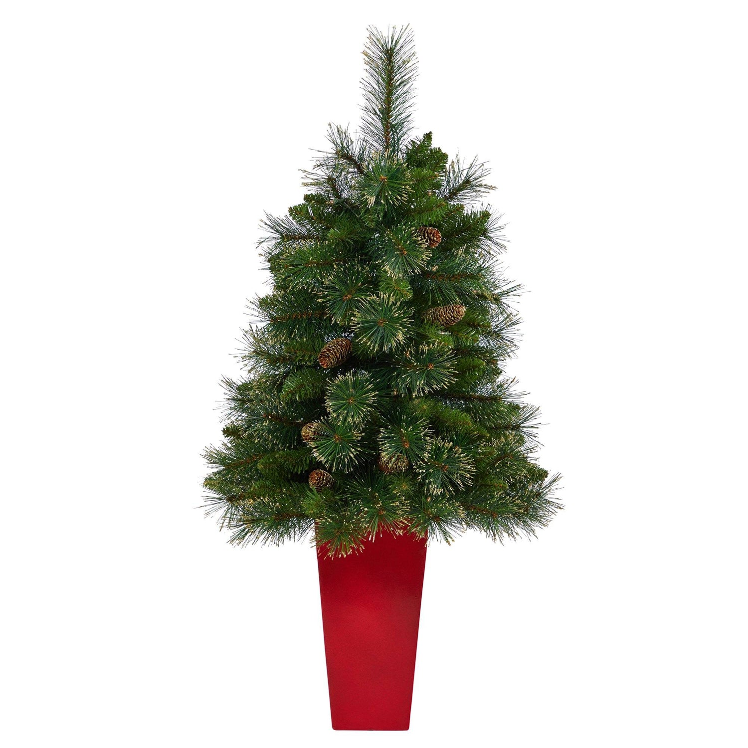 44” Golden Tip Washington Pine Artificial Christmas Tree with 50 Clear Lights, Pine Cones and 148 Bendable Branches in Red Tower Planter