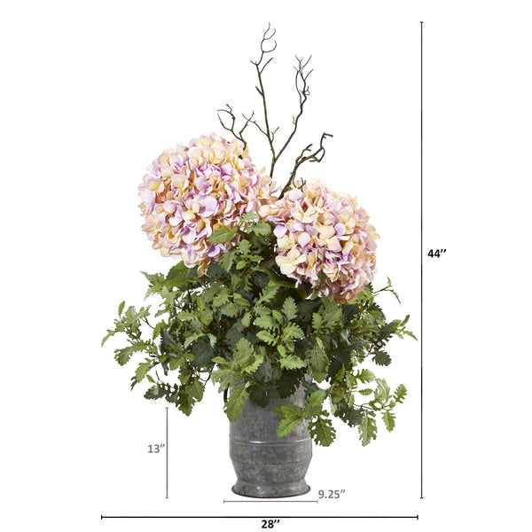 44” Hydrangea and Dusty Miller Artificial Plant in Metal Urn