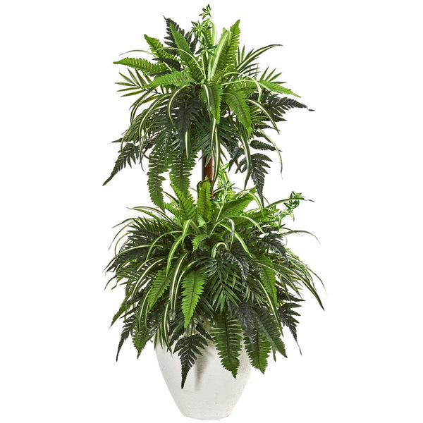 44” Mixed Greens and Fern Artificial Plant in White Planter