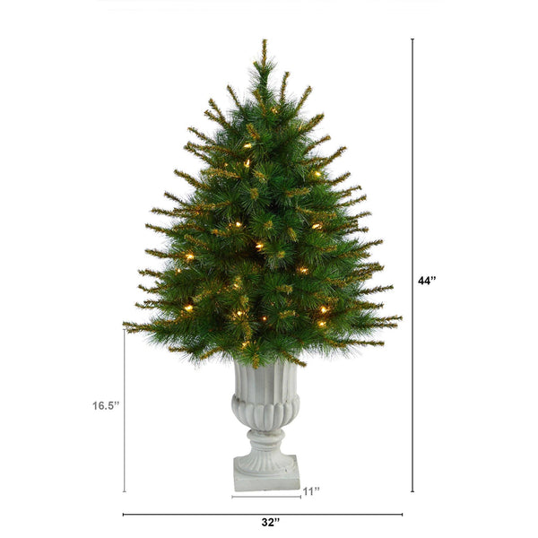 44” New England Pine Artificial Christmas Tree with 50 Clear Lights and 117 Bendable Branches in Decorative Urn