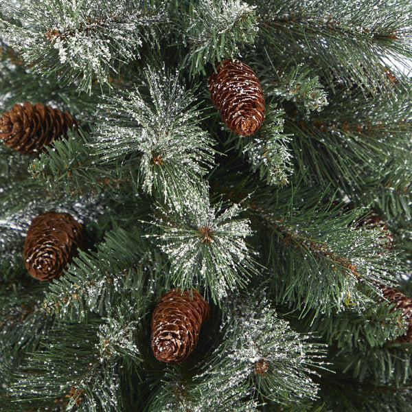 44” Snowed French Alps Mountain Pine Artificial Christmas Tree with 135 Bendable Branches and Pine Cones in Red Planter