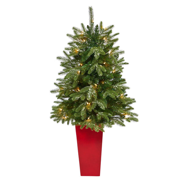44” Snowed Grand Teton Fir Artificial Christmas Tree with 50 Clear Lights and 111 Bendable Branches in Red Planter