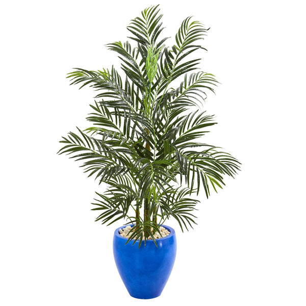 4.5’ Areca Palm Artificial Tree in Glazed Blue Planter  (Indoor/Outdoor)