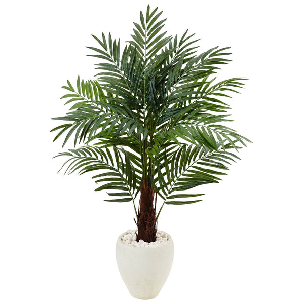 4.5’ Areca Palm Tree in White Oval Planter