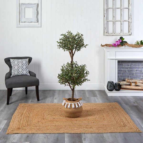 4.5' Artificial Olive Double Topiary with Handmade Jute & Cotton Basket with Tassels